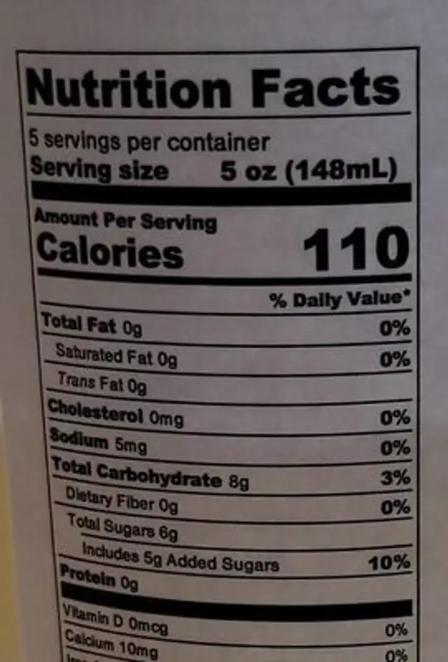 Peach Moscato nutrition facts table