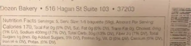 Baguette nutrition facts table