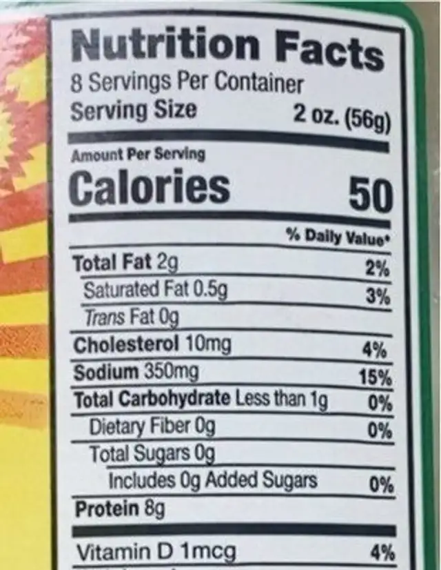 Cueritos (seasoned pork rinds in brine) nutrition facts table