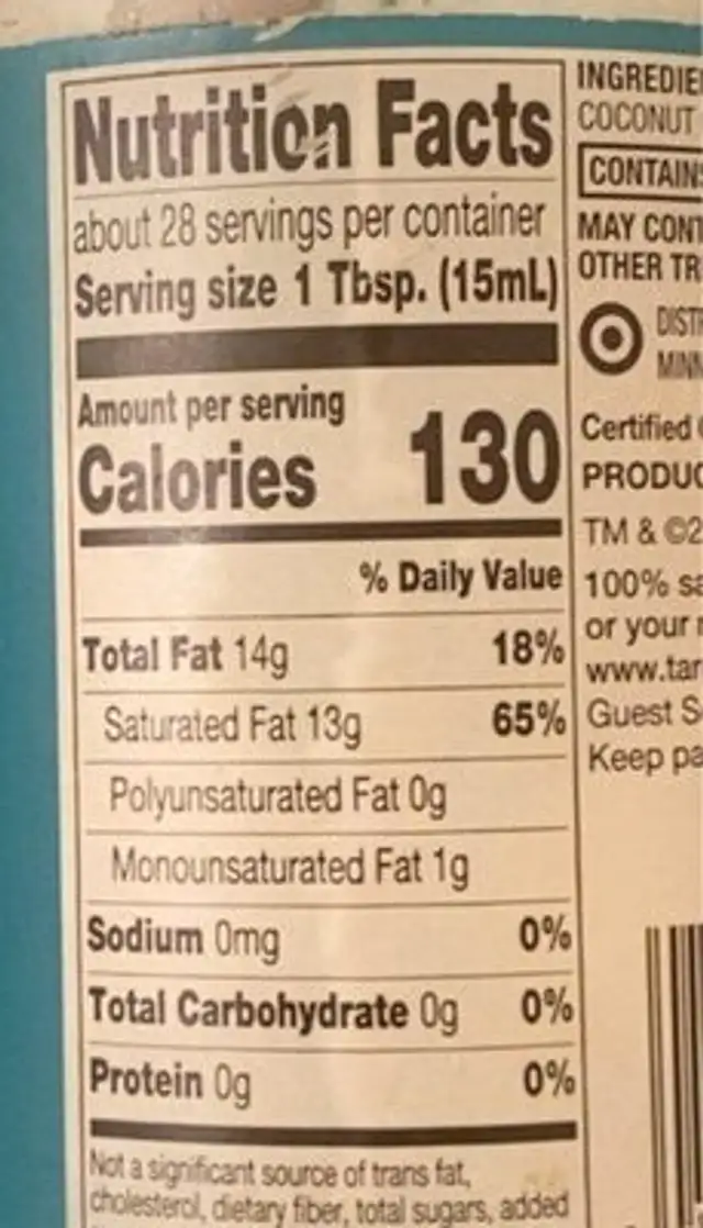 Organic Unrefined Virgin Coconut Oil nutrition facts table