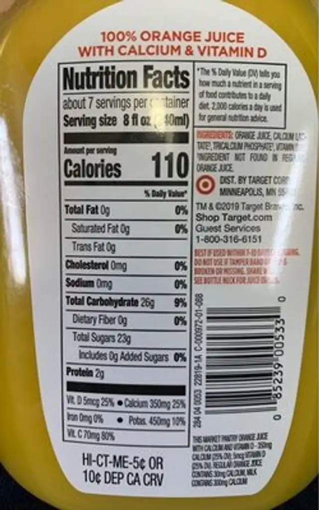 Pulp free 100% orange juice nutrition facts table