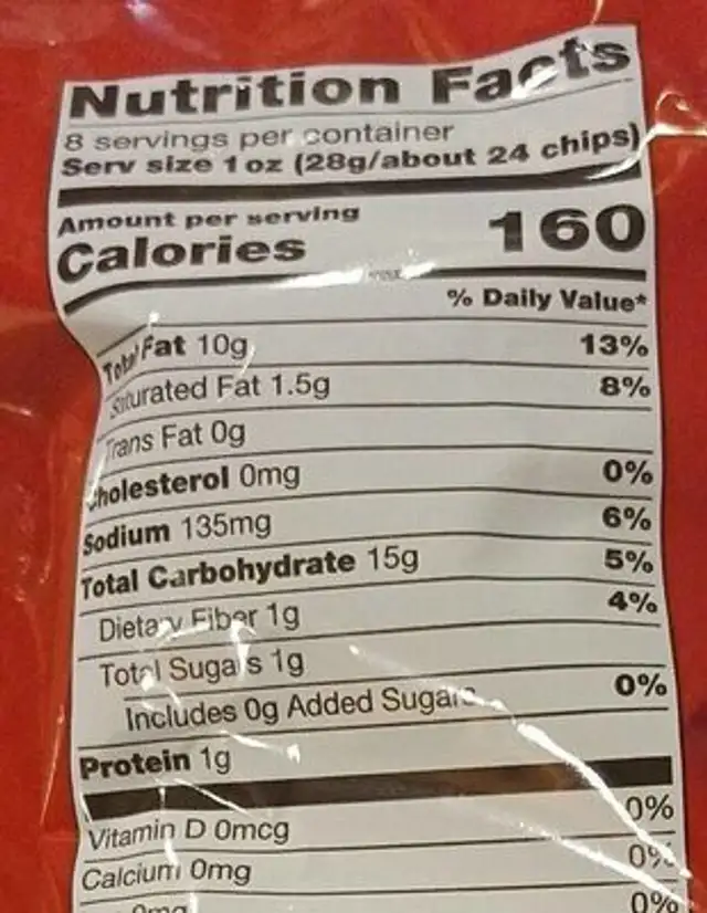 Classic Potato chips nutrition facts table