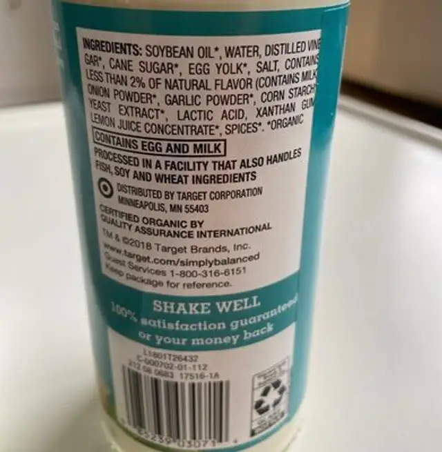 Ranch dressing nutrition facts table