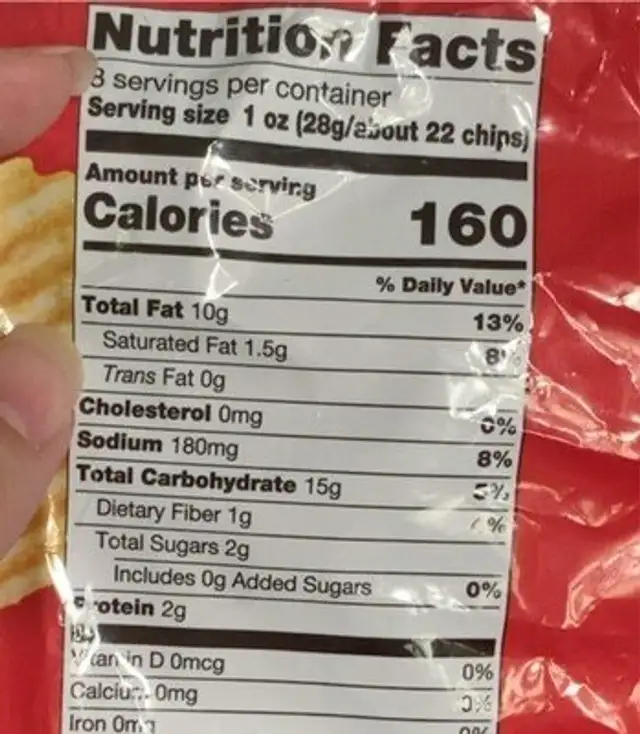 Cheddar & sour cream flavored ripple potato chips nutrition facts table