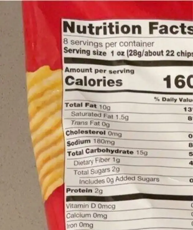 Cheddar & sour cream ripple potato chips nutrition facts table