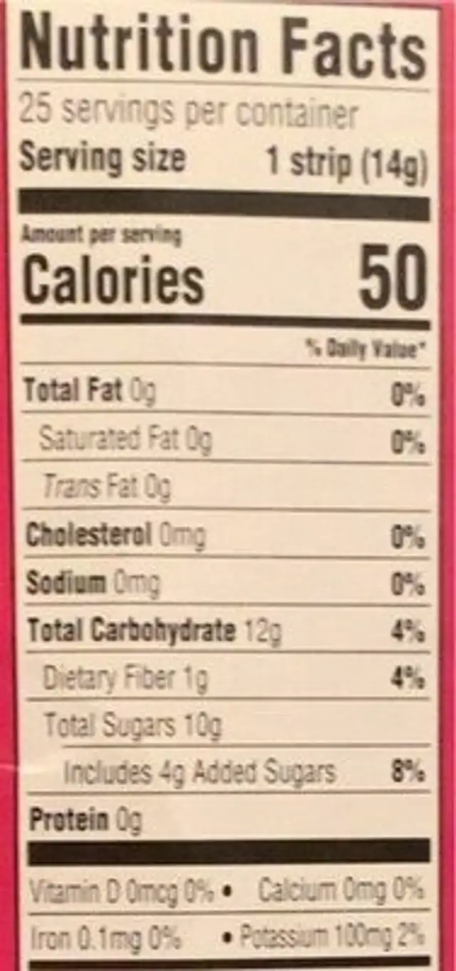 Pomegranate fruit strips nutrition facts table