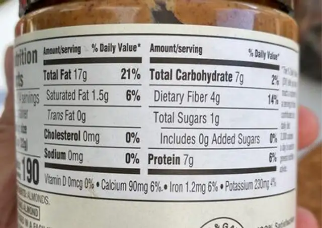 Unsweetened crunchy almond butter nutrition facts table