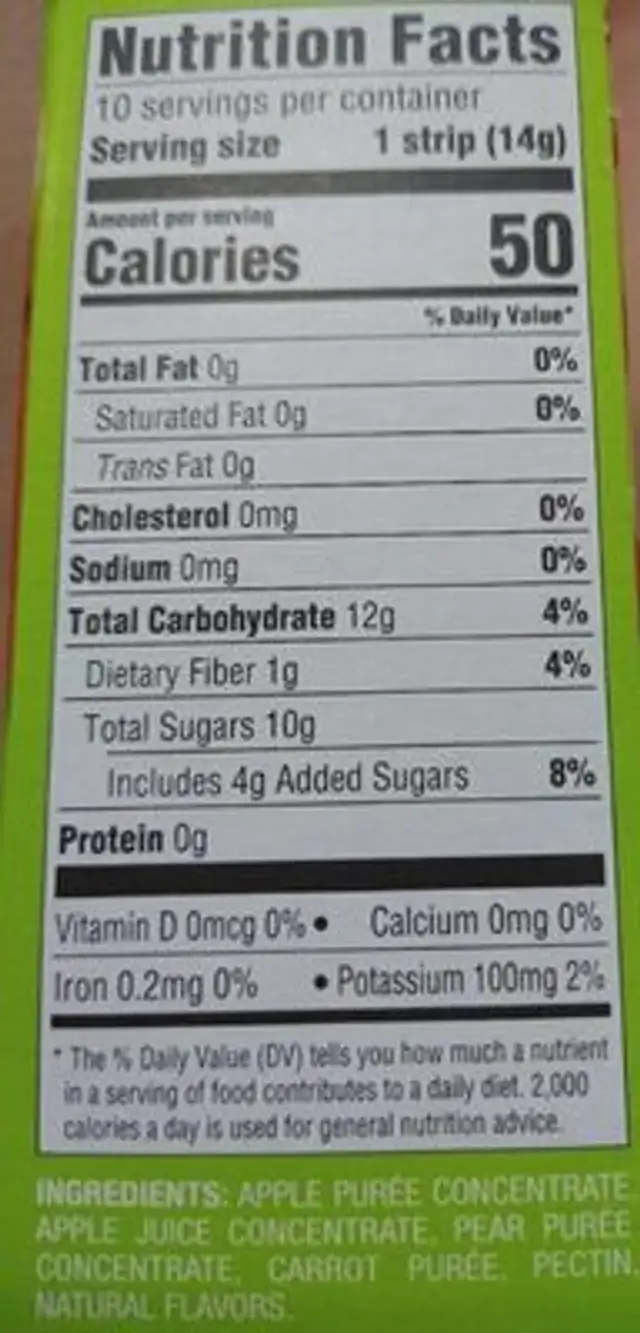 Fruit and Vegetable strips nutrition facts table