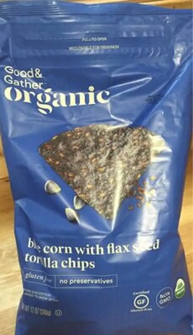 Blue corn with flax seed tortilla chips, blue corn with flax seed