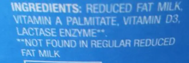 Lactose free milk ingredients label