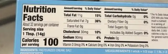 Salted butter nutrition facts table
