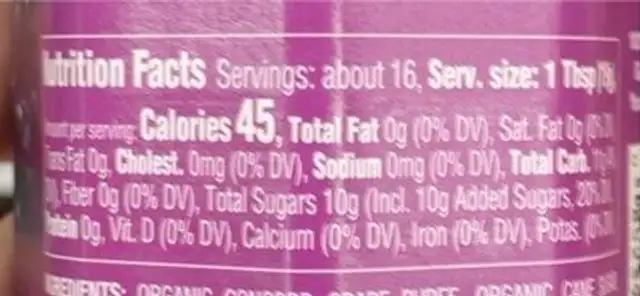 Organic concord grape fruit spread nutrition facts table