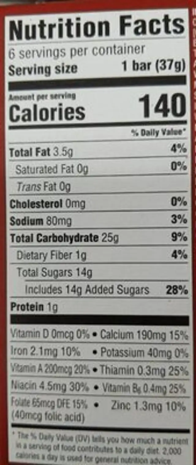 Apple cinnamon fruit & grain bars, apple cinnamon nutrition facts table