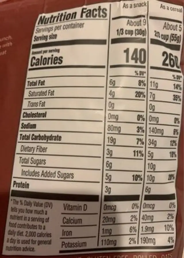 Granola made with organic rolled oats, amaranth, sunflower seed kernels, pumpkin seed kernels, flaxseeds, quinoa flakes & chia seeds nutrition facts table