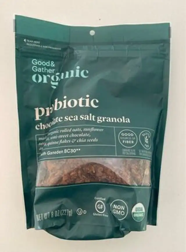 Probiotic chocolate sea salt granola made with organic rolled oats, sunflower seed kernels, semi-sweet chocolate, amaranth, quinoa flakes & chia seeds