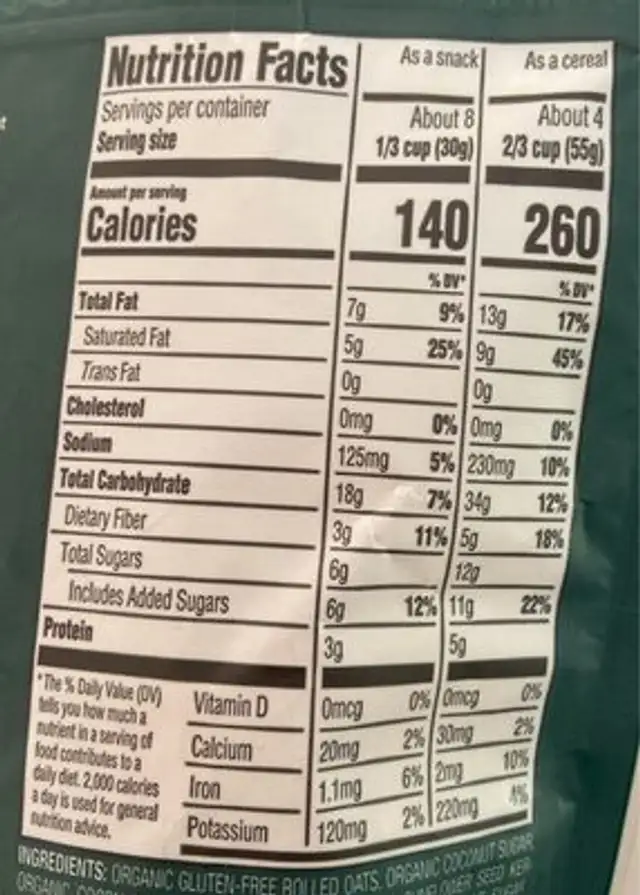 Probiotic chocolate sea salt granola made with organic rolled oats, sunflower seed kernels, semi-sweet chocolate, amaranth, quinoa flakes & chia seeds nutrition facts table