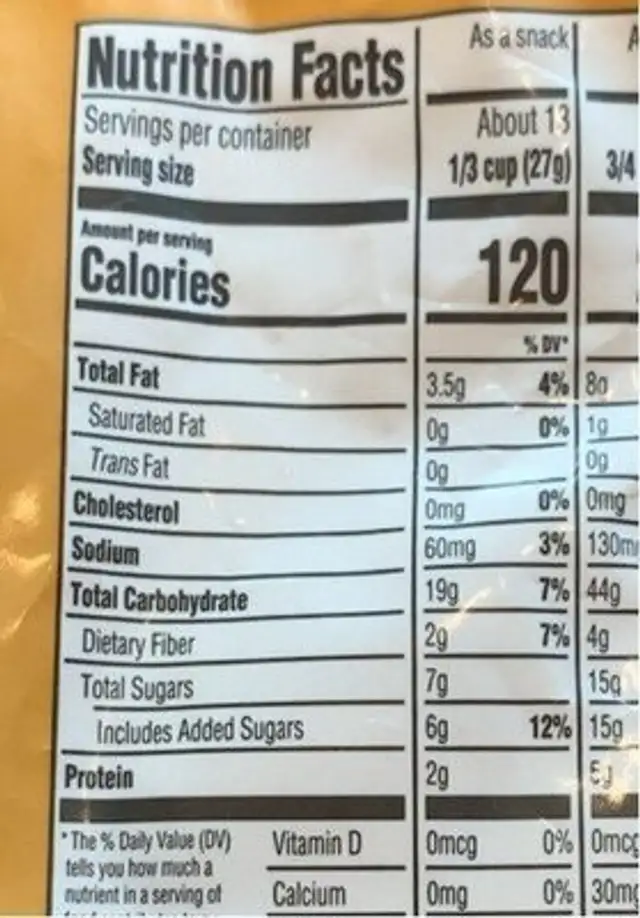 Organic honey almond granola nutrition facts table