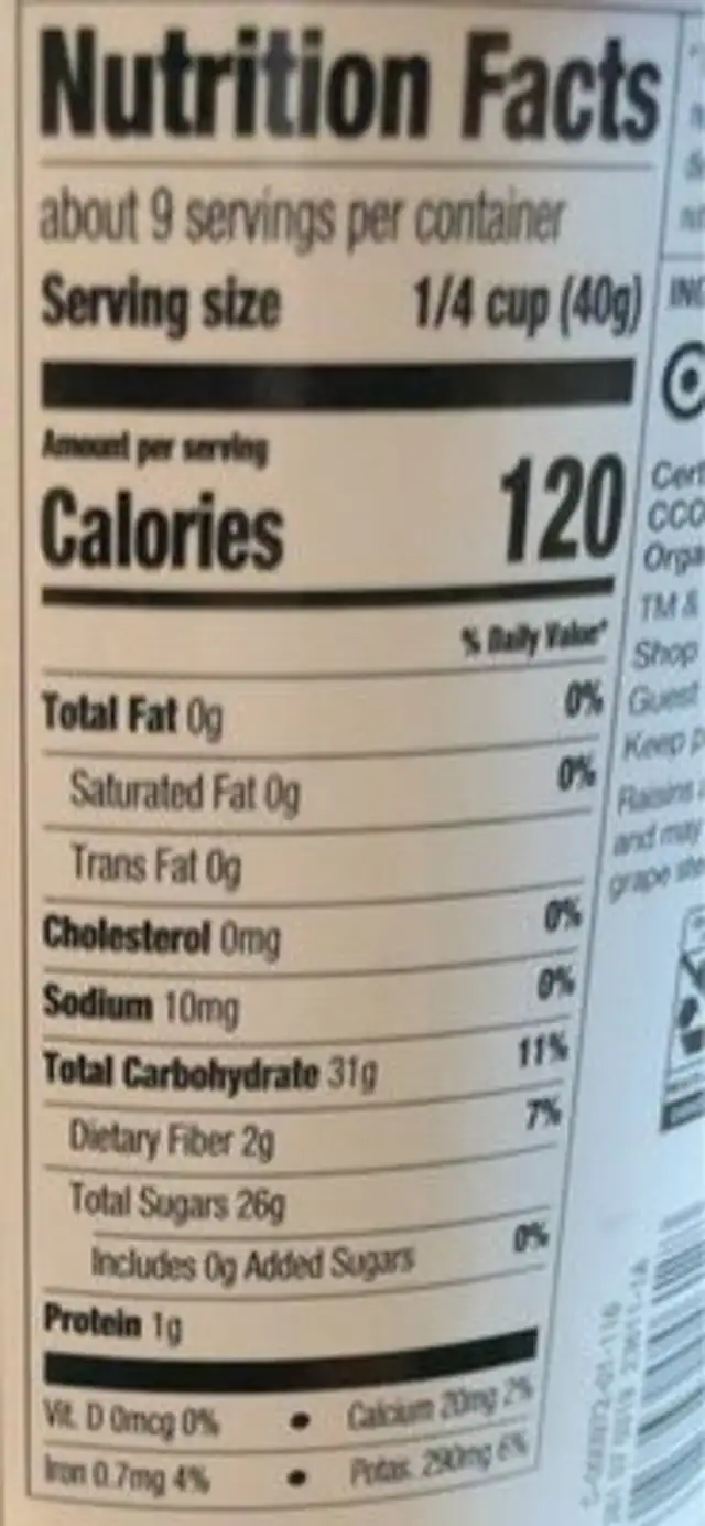 Organic Thompson raisins nutrition facts table