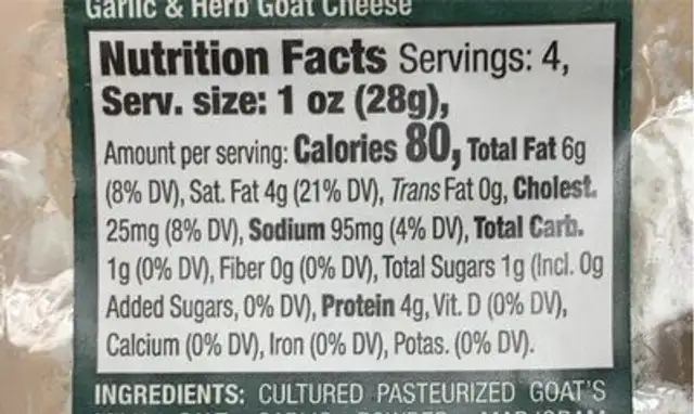 Garlic & Herb Goat Cheese nutrition facts table