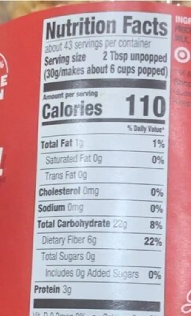Yellow kernels popping corn nutrition facts table