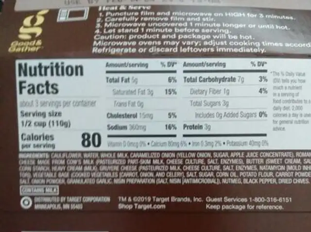 Cauliflower gratin nutrition facts table