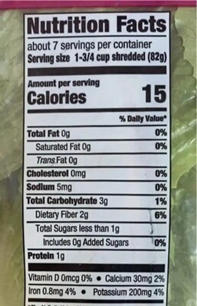 Romaine hearts nutrition facts table