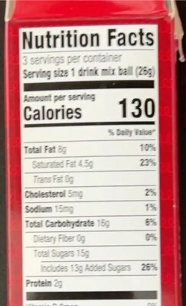 Hot Drink Bombs nutrition facts table
