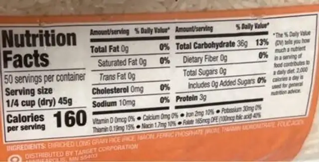 Enriched long grain white rice nutrition facts table