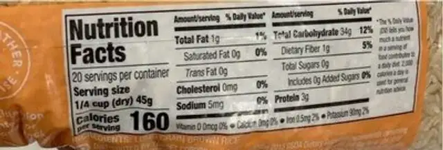 Long grain brown rice nutrition facts table