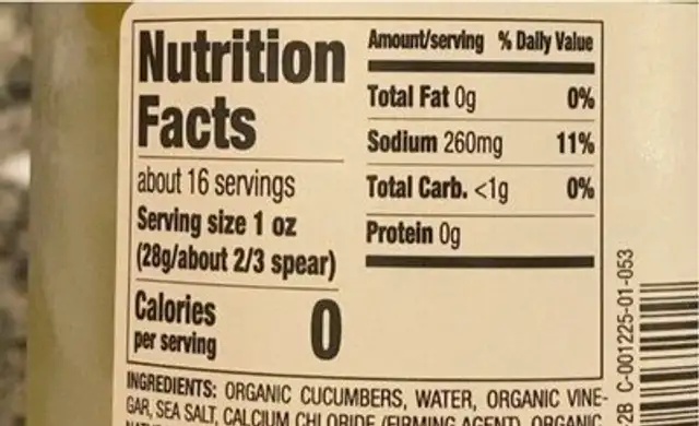 Organic kosher dill spears nutrition facts table