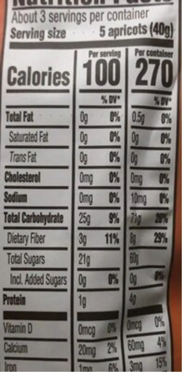 Organic unsweetened dried mediterranean apricots nutrition facts table