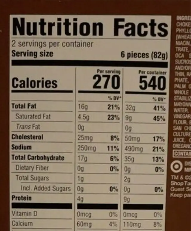 artichoke & parmesan phyllo cups nutrition facts table