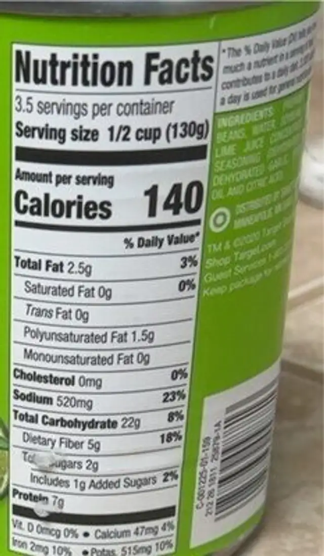 Refried black beans with lime nutrition facts table