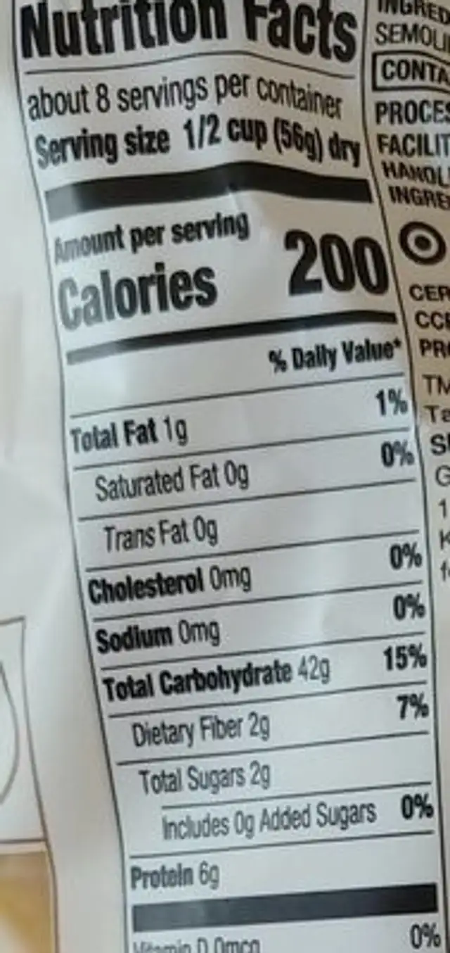 Organic macaroni elbows nutrition facts table
