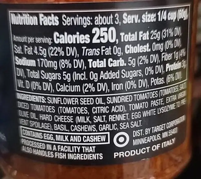 Red pesto nutrition facts table