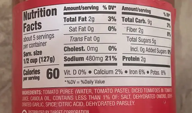 Marinara nutrition facts table