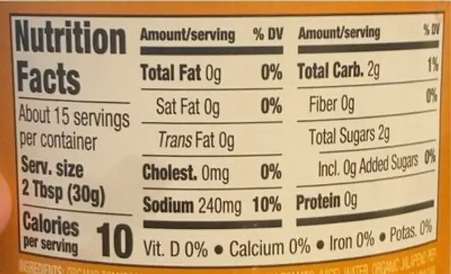 Organic Medium Chunky Salsa nutrition facts table