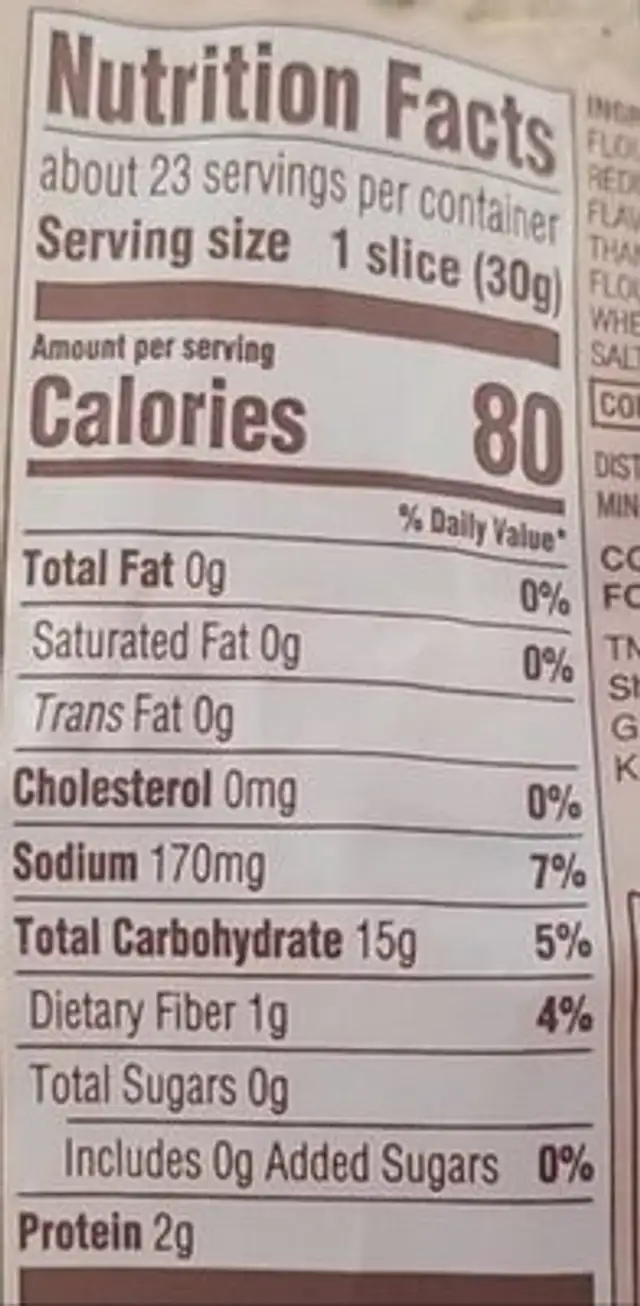 Sliced sourdough bread nutrition facts table