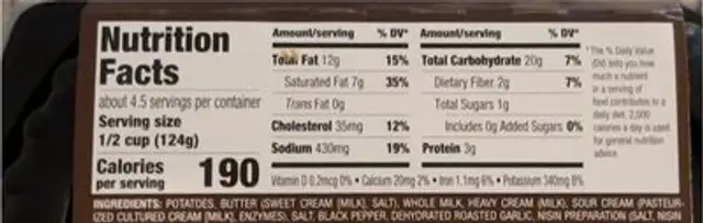 Farmhouse potatoes with sour cream nutrition facts table