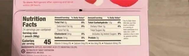 Unsweetened apple sauce pouch nutrition facts table