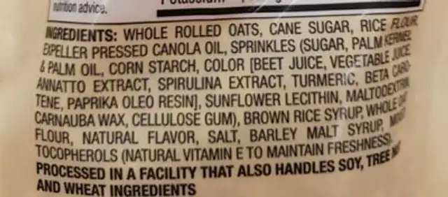 Vanilla Confetti Granola ingredients label