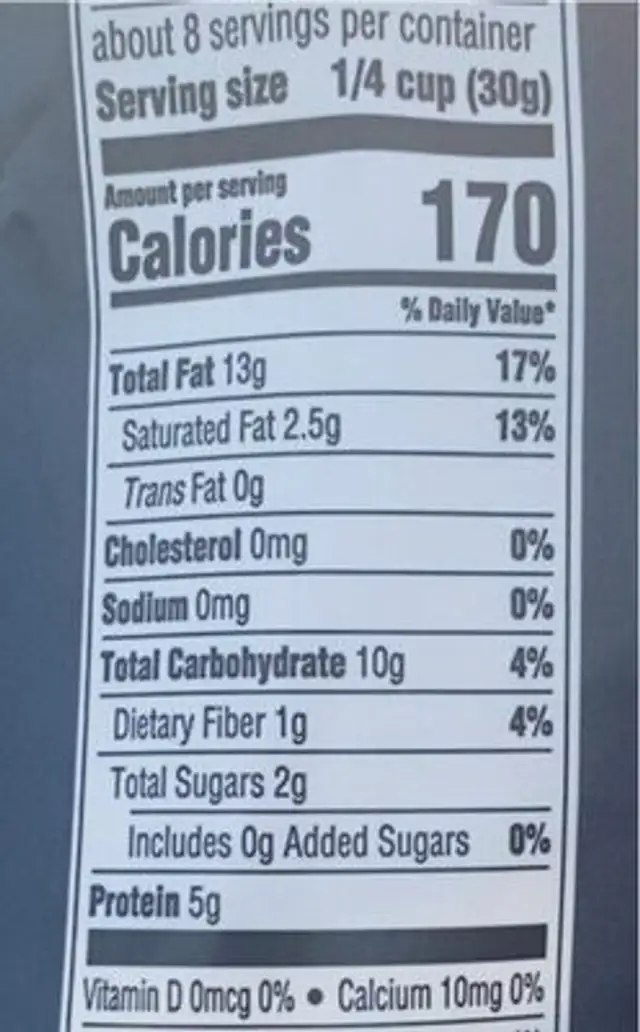 Anacardos nutrition facts table