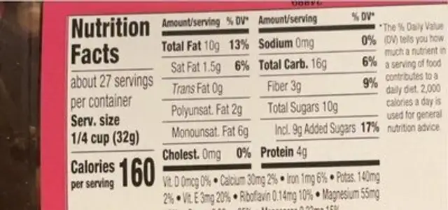 Cashew Cranberry Almond trail mix nutrition facts table