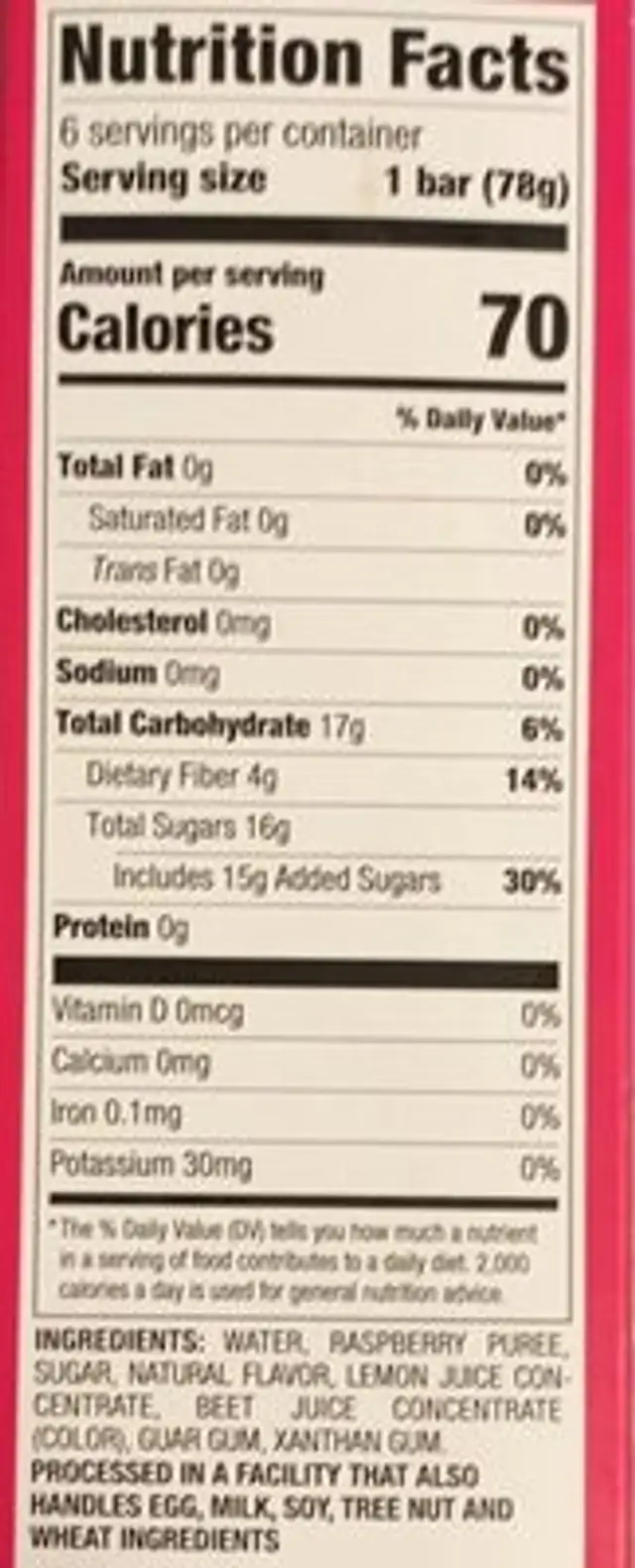 Raspberry Fruit Bars nutrition facts table