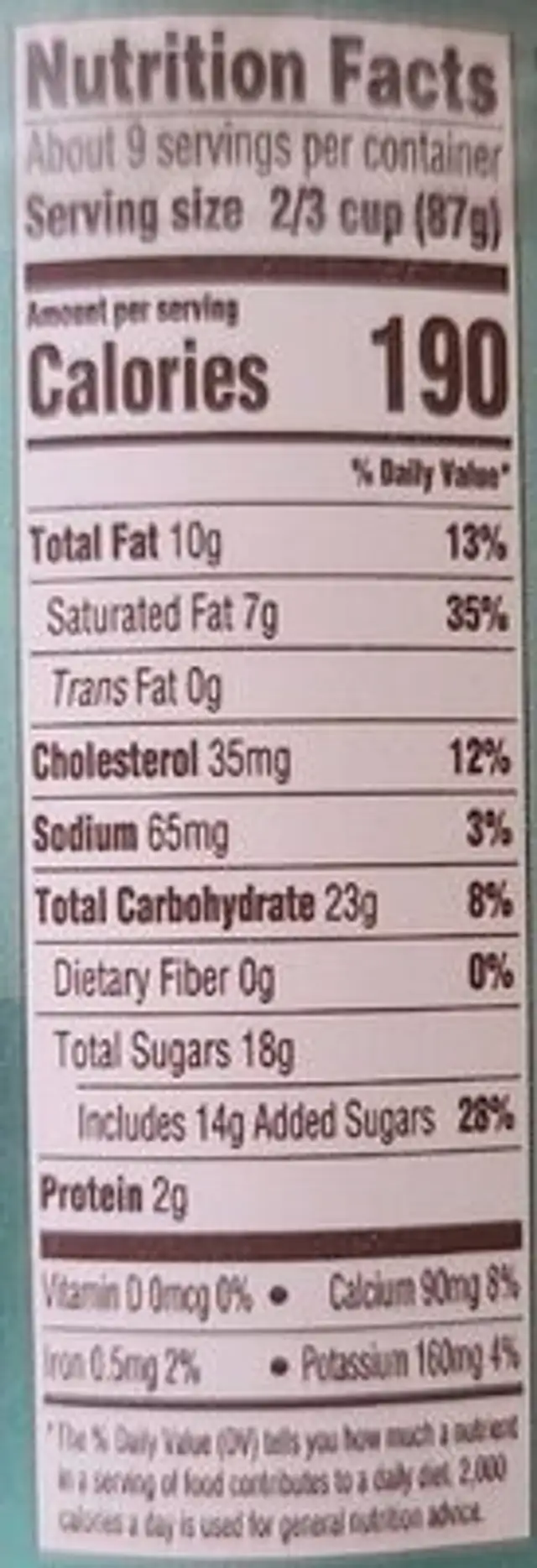 Mint Chocolate chip nutrition facts table