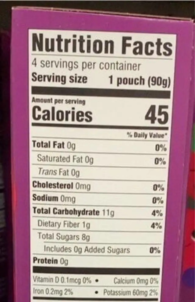 Apple berry fruit puree puches nutrition facts table