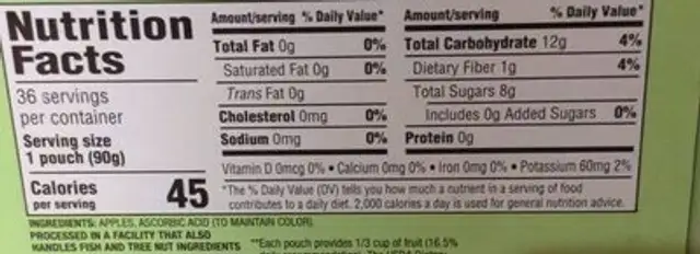Unsweetened Applesauce nutrition facts table