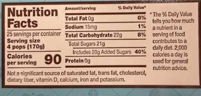 Freezer pops nutrition facts table