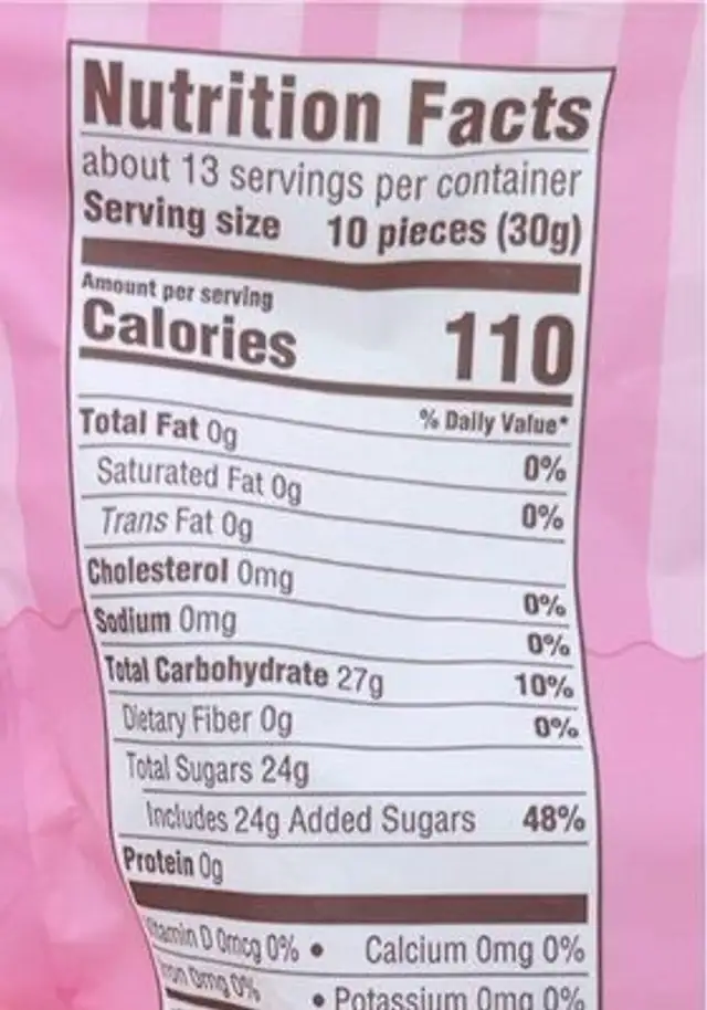 jellybeans nutrition facts table