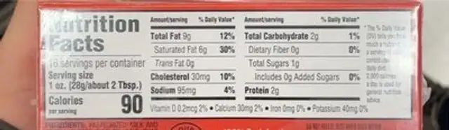 Plain Cream Cheese nutrition facts table